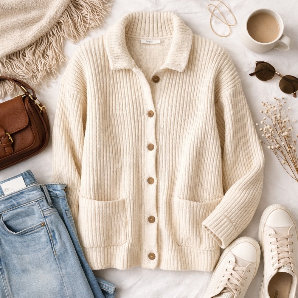 RAW by Mavi Polo Cream Ribbed Cotton Cardigan Sweater | Button Front | XL - Picture 6 of 6